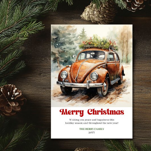 Chic rustic Christmas scene red car card style Feestdagenkaart