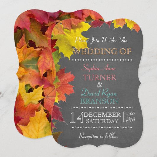 Chic Rustic Fall Leaves Chalkboard Wedding Invite Kaart (Voorkant / Achterkant)
