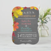 Chic Rustic Fall Leaves Chalkboard Wedding Invite Kaart (Staand voorkant)