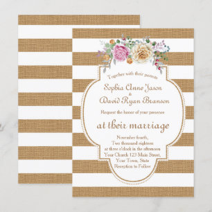 Chic Rustic Floral Burlap Stripes Wedding Invite Kaart