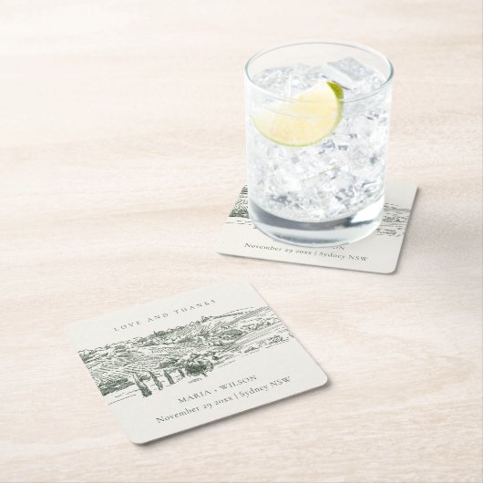 Chic Rustic Green Winery Mountain Sketch Wedding Kartonnen Onderzetters (Insitu)