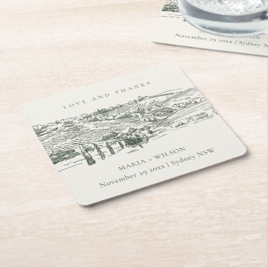 Chic Rustic Green Winery Mountain Sketch Wedding Kartonnen Onderzetters (Schuin)