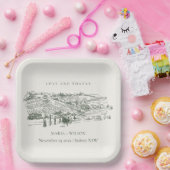 Chic Rustic Green Winery Mountain Sketch Wedding Papieren Bordje (Feest)