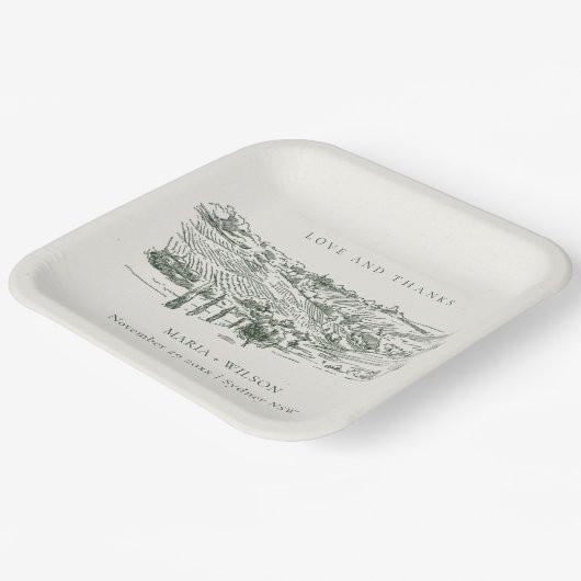 Chic Rustic Green Winery Mountain Sketch Wedding Papieren Bordje (Gebogen)