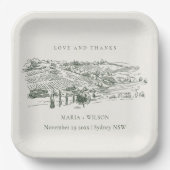 Chic Rustic Green Winery Mountain Sketch Wedding Papieren Bordje (Voorkant)
