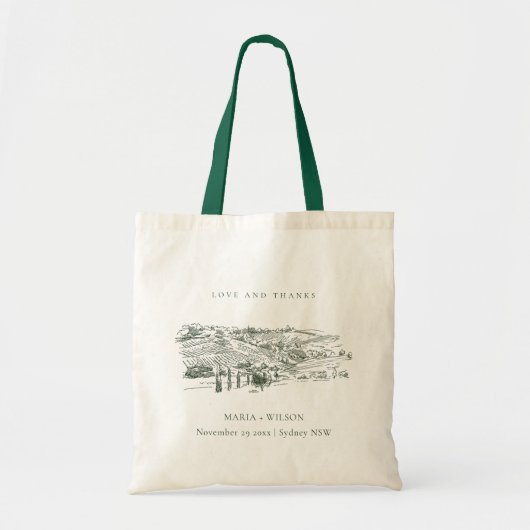 Chic Rustic Green Winery Mountain Sketch Wedding Tote Bag (Voorkant)