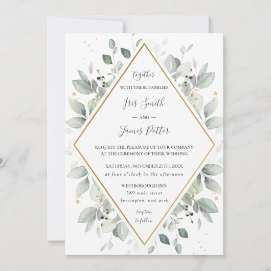 Chic Rustic Greenery Gold Green Foliage Weddenscha Kaart (Voorkant)