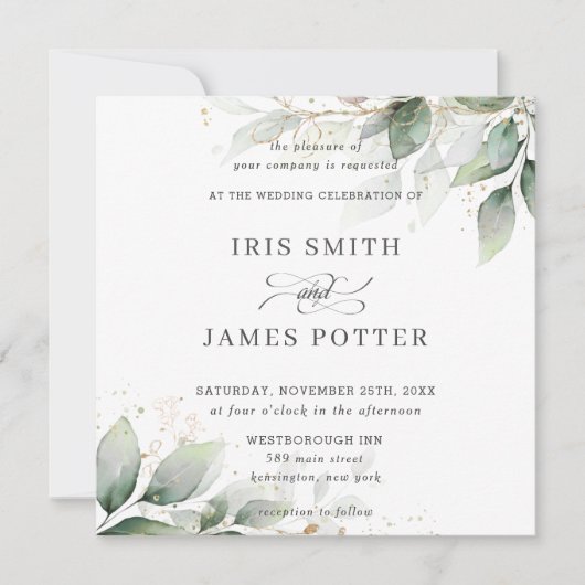 Chic Rustic Greenery Leafy Foliage Gold Wedding Kaart (Voorkant)
