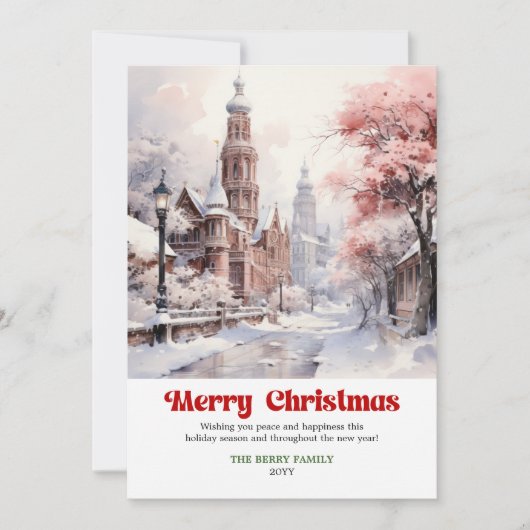 Chic rustic holiday scene minimalist pink city feestdagenkaart (Voorkant)