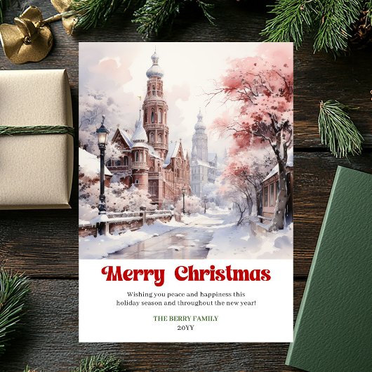 Chic rustic holiday scene minimalist pink city feestdagenkaart