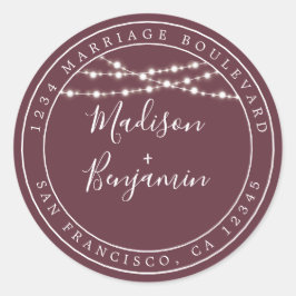 Chic Rustic Lights Burgundy Wedding Return Address Ronde Sticker
