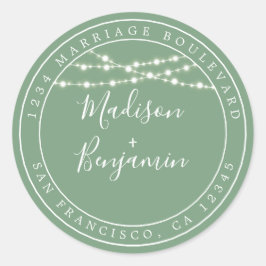 Chic Rustic Lights Green Wedding Return Address Ronde Sticker