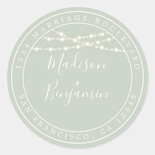 Chic Rustic Lights Green Wedding Return Address Ronde Sticker (Voorkant)