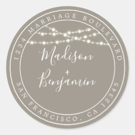 Chic Rustic Lights Grey Wedding Return Address Ronde Sticker