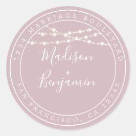 Chic Rustic Lights Paars Wedding Return Address Ronde Sticker