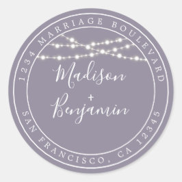 Chic Rustic Lights Paars Wedding Return Address Ronde Sticker