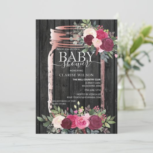 Chic Rustic Mason Jar Roos Gold Baby shower Kaart (Staand voorkant)