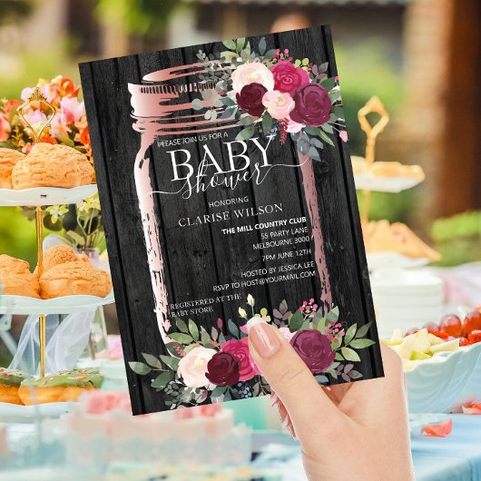 Chic Rustic Mason Jar Roos Gold Baby shower Kaart