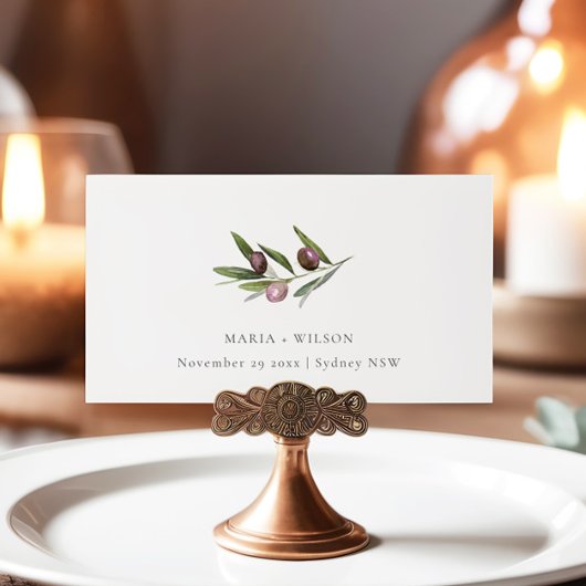 Chic Rustic Minimal Olive Branch Fauna Wedding Plaatskaartje