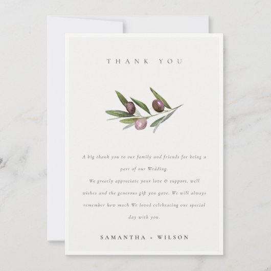 Chic Rustic Minimal Olive Branch Foliage Wedding Bedankkaart (Voorkant)