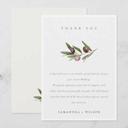 Chic Rustic Minimal Olive Branch Foliage Wedding Bedankkaart (Voorkant / Achterkant)