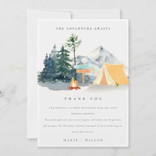 Chic Rustic Pine Bossen Camping Mountain Wedding Bedankkaart (Voorkant)