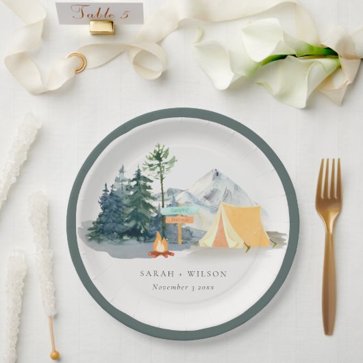Chic Rustic Pine Bossen Camping Mountain Wedding Papieren Bordje (Huwelijk)