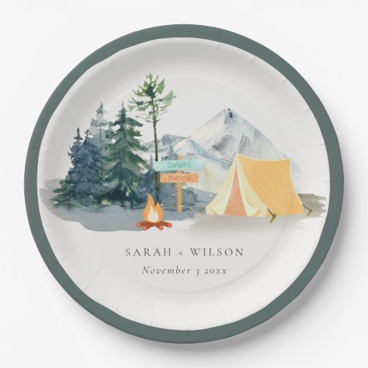 Chic Rustic Pine Bossen Camping Mountain Wedding Papieren Bordje (Voorkant)