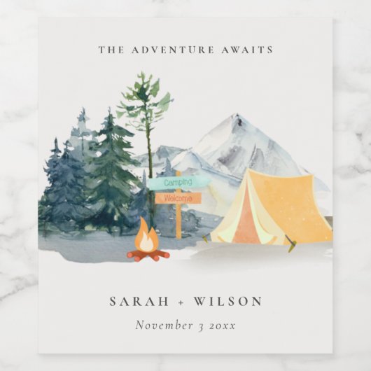 Chic Rustic Pine Bossen Camping Mountain Wedding Wijn Etiket (Enkel label)