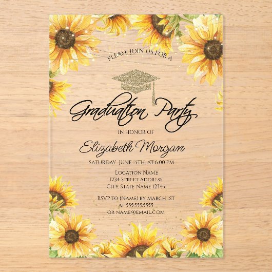 Chic Rustic Sunflower, Afstuderen String Lights Acryl Uitnodigingen (Voorkant)