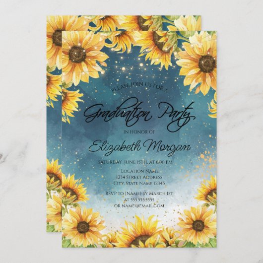 Chic Rustic Sunflower, Afstuderen String Lights Kaart (Voorkant / Achterkant)