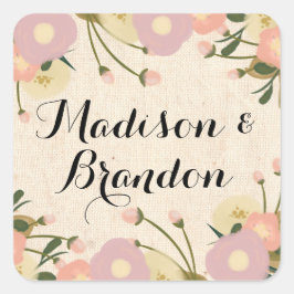 Chic Rustic Waterverf Floral Custom Wedding Vierkante Sticker