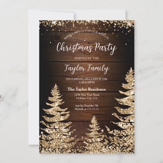 Chic Rustic Wood Glitter Kerstboomfeest Kaart (Voorkant)