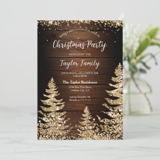 Chic Rustic Wood Glitter Kerstboomfeest Kaart (Staand voorkant)