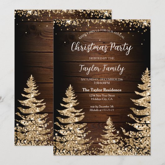 Chic Rustic Wood Glitter Kerstboomfeest Kaart (Voorkant / Achterkant)