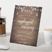 Chic Rustic Wood String Lights Unplugged Ceremony Reclamebord Met Voetstuk (Insitu)
