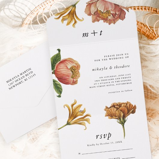 Chic rustieke bloemen bruiloft all in one uitnodiging