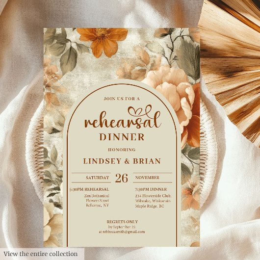 Chic Rusty Beige Olive Floral Rehearsal Invitation Kaart
