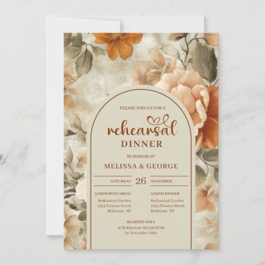 Chic Rusty Beige Olive Floral Rehearsal Invitation Kaart (Voorkant)