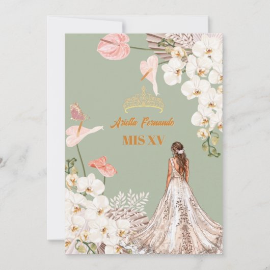 Chic Sage & Blush Bloemen Quinceañera Uitnodiging (Achterkant)