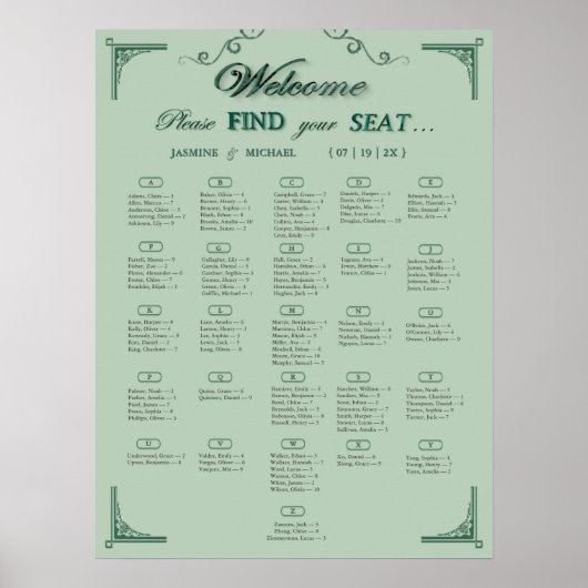 Chic Sage Eucalyptus Green Wedding Seating Chart Poster (Voorkant)