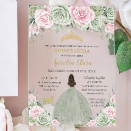 Chic Sage Green Baby Pink Floral Gold Quinceañera Acryl Uitnodigingen
