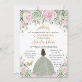 Chic Sage Green Baby Pink Floral Gold Quinceañera Kaart (Voorkant)