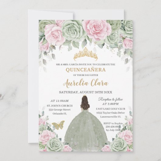 Chic Sage Green Baby Pink Floral Gold Quinceañera Kaart (Voorkant)