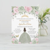 Chic Sage Green Baby Pink Floral Gold Quinceañera Kaart (Staand voorkant)