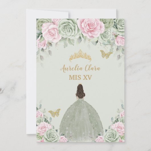 Chic Sage Green Baby Pink Floral Gold Quinceañera Kaart (Achterkant)