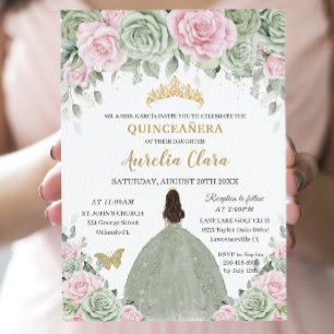 Chic Sage Green Baby Pink Floral Gold Quinceañera Kaart