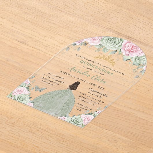 Chic Sage Green Baby Roze Bloemenjurk Quinceañera Acryl Uitnodigingen (Laagn)
