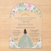 Chic Sage Green Baby Roze Bloemenjurk Quinceañera Acryl Uitnodigingen (Voorkant)