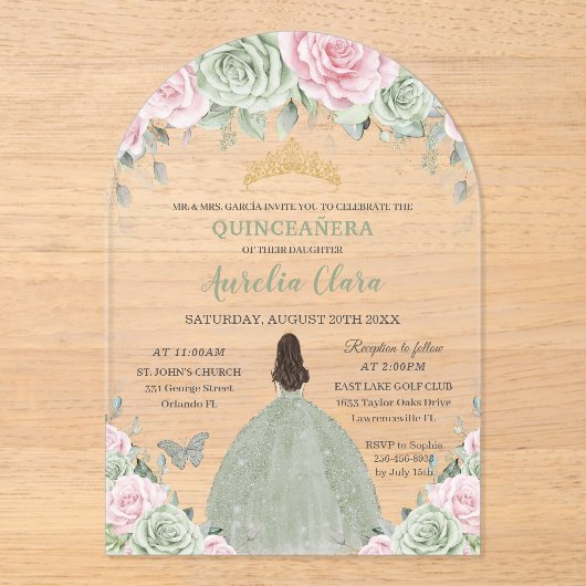 Chic Sage Green Baby Roze Bloemenjurk Quinceañera Acryl Uitnodigingen (Voorkant)